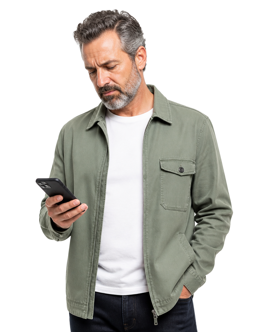 Man comparing boiler cover on his phone