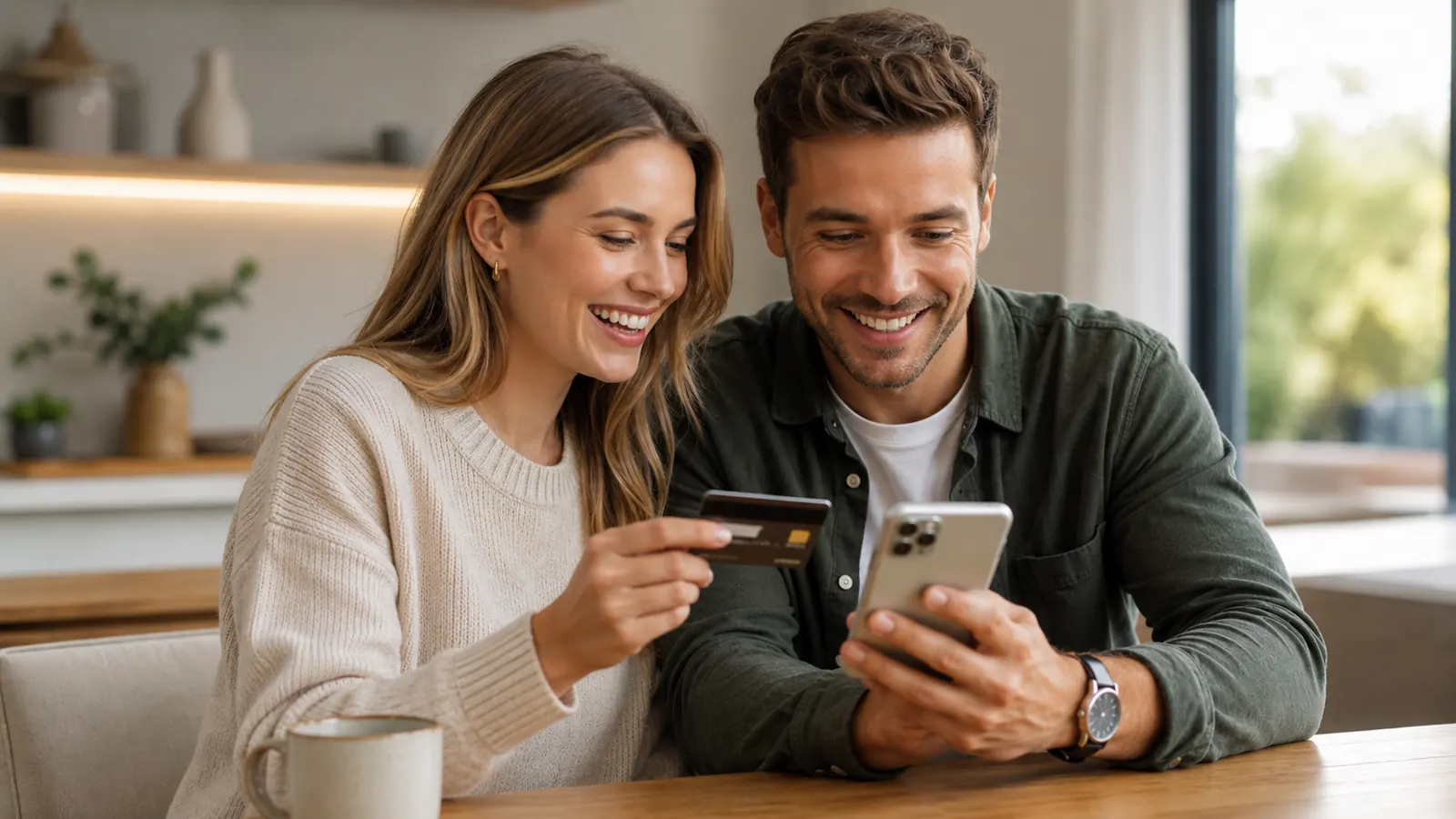 Two business owners smiling while comparing a credit card on a phone