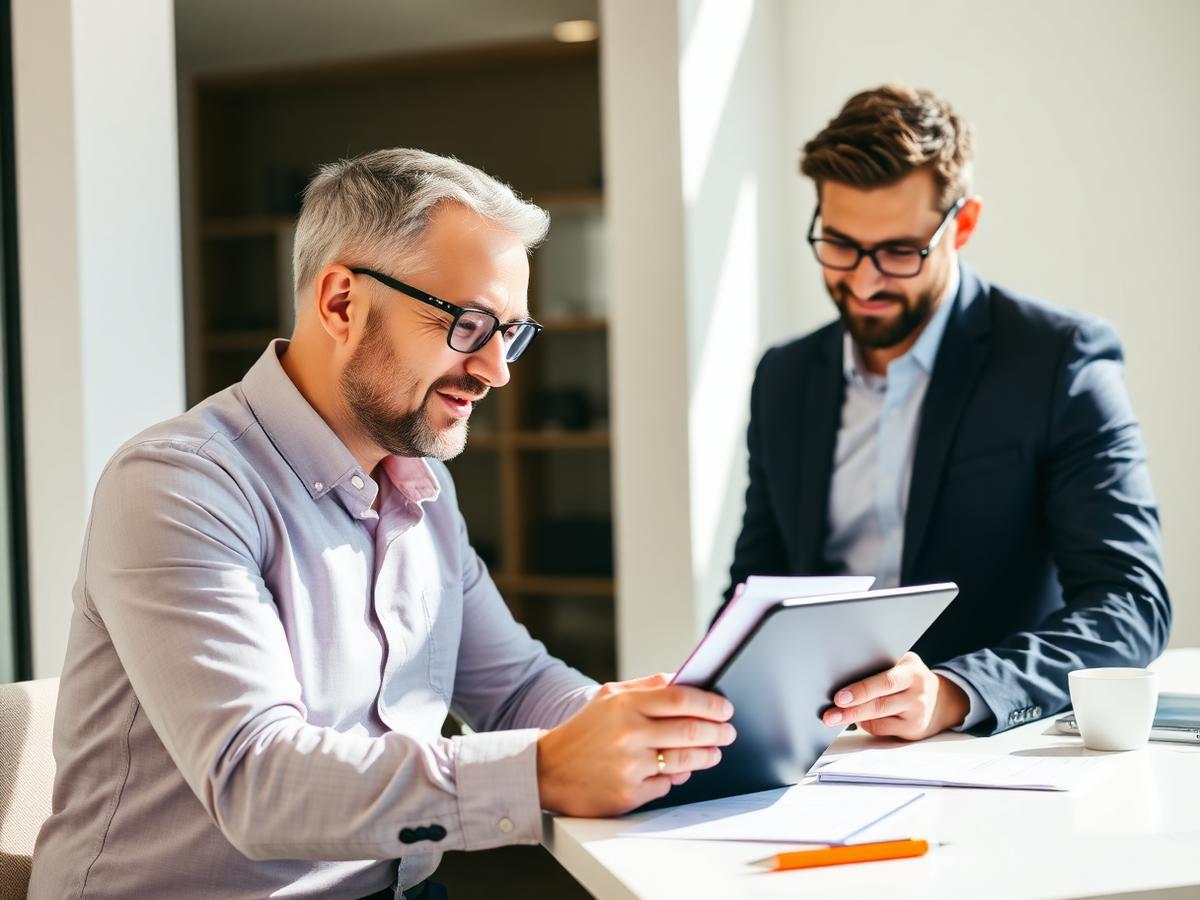 Accountant and business owner reviewing accounts on a tablet