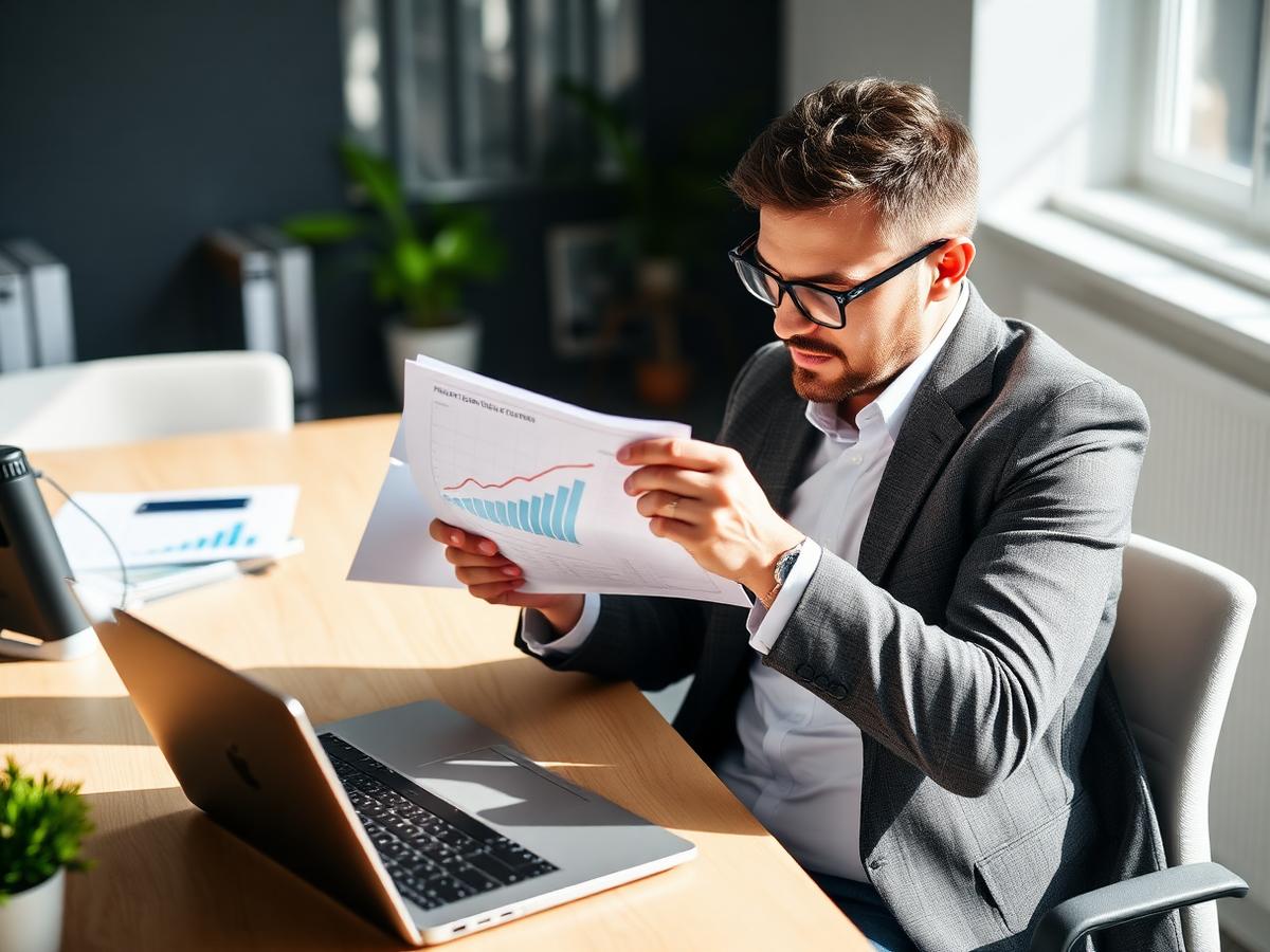 Business owner reviewing finance figures and growth charts at a desk