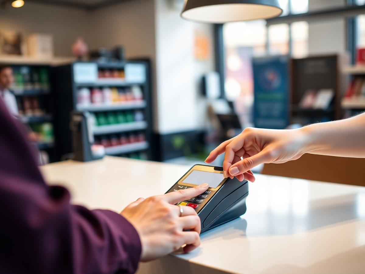 Customer paying with a contactless card on a countertop card machine
