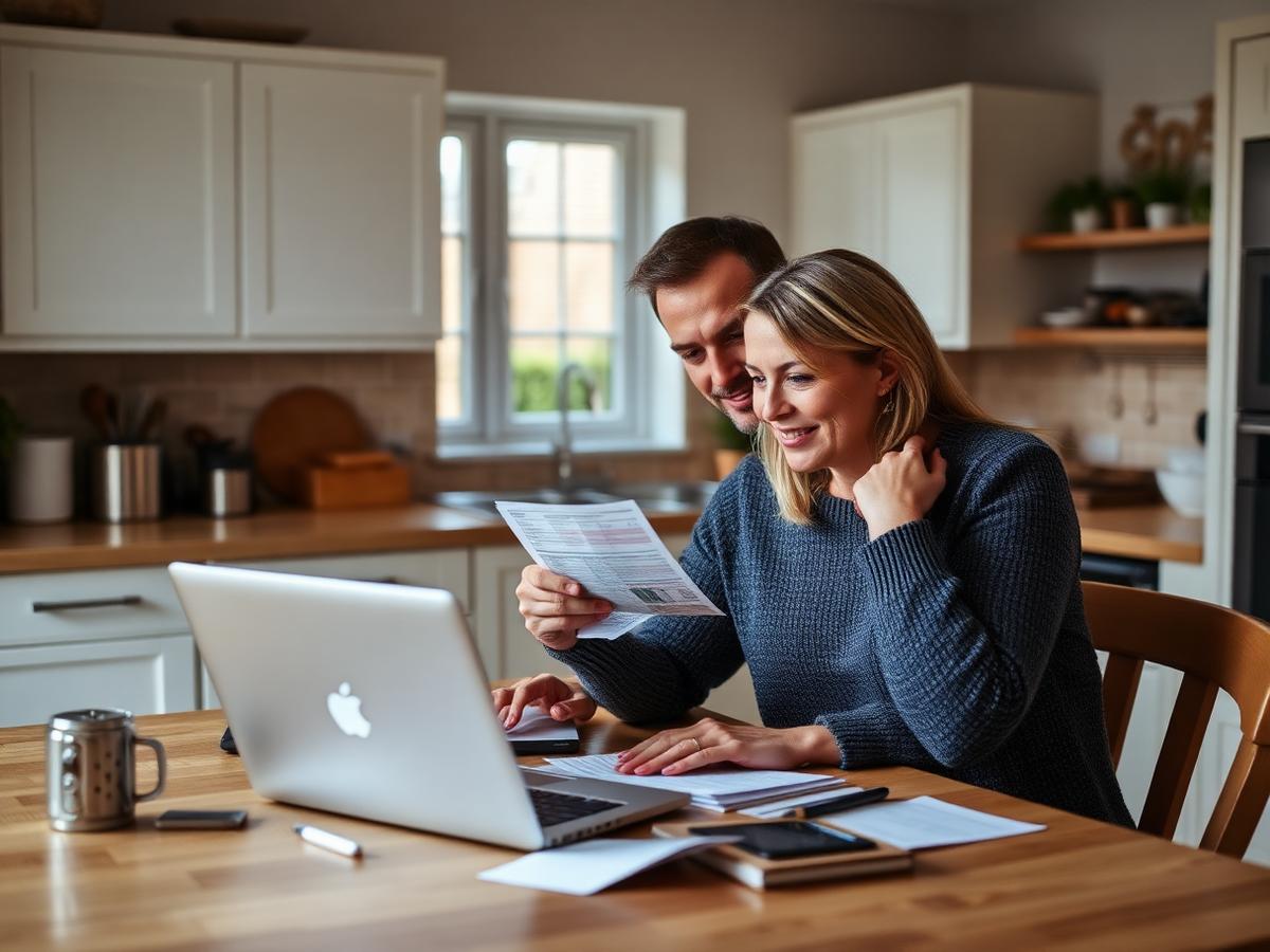 Couple reviewing household finances at a kitchen table