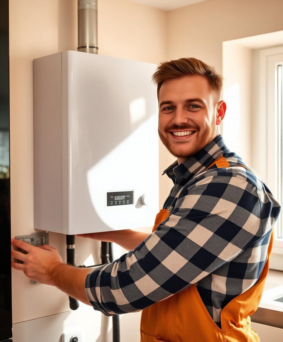 Installer fitting a new combi boiler in a kitchen