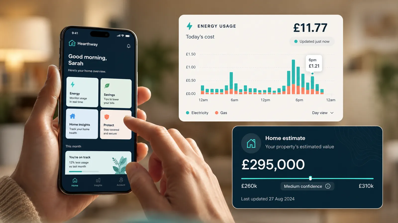 Business owner reviewing energy usage and home value inside a mobile app